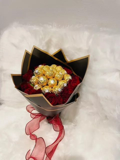 Ferrero Rocher Chocolate & Rose Flower Bouquet Luxury Gift for Girlfriend