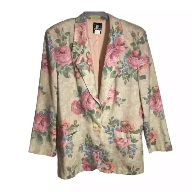 San Moire Vintage Floral Blazer Jacket Cream Pink Womens Size Large VTG