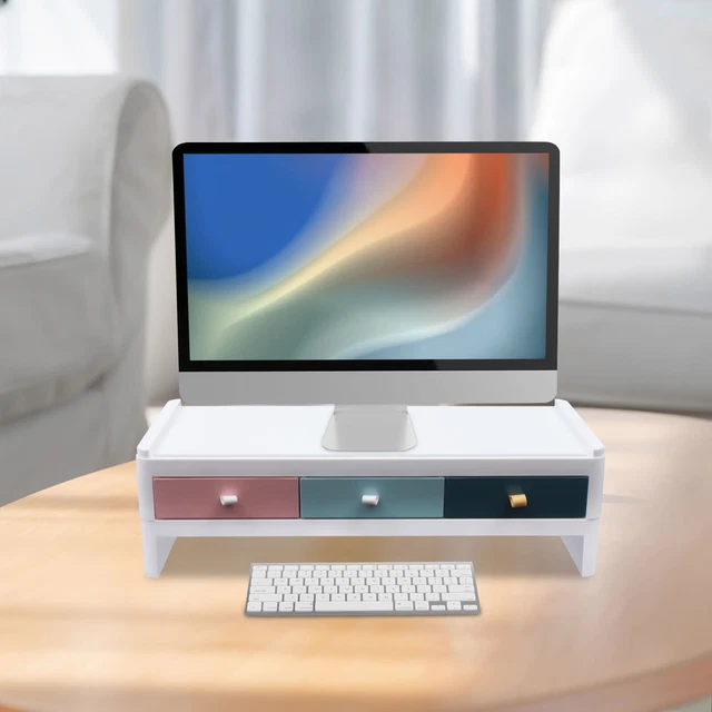 White Monitor Riser With Drawer WHITE COMPUTER DESKTOP Monitor Stand Laptop TV Display Screen Riser ...