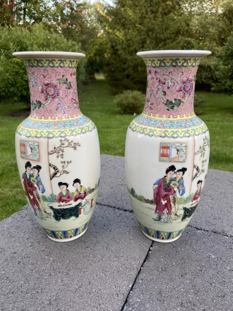 Vintage Chinese famille rose porcelain vase 12 Inches Tall With Marking~Set Of 2
