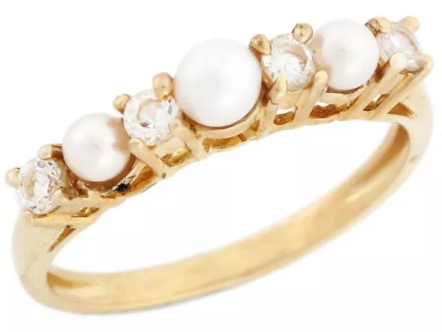 10k or 14k Yellow Gold Freshwater Cultured Pearl and CZ Seven Stone Band Ring