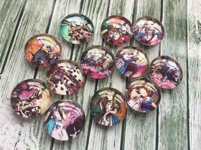 10 Alice in Wonderland Cabochons 16-25mm Mixed Round Glass Dome Seal Flat Back
