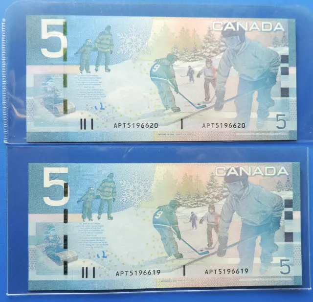 2 $5 Dollar Canada Sequential Replacement 2006 Banknotes  APT5196619/20  CH UNC