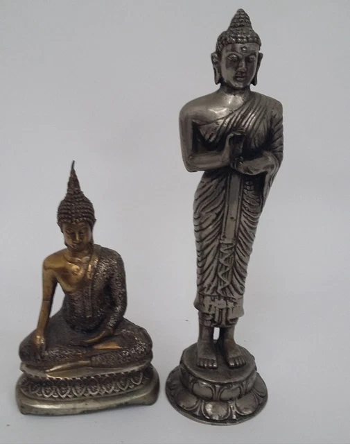 2x Metal Praying Buddha Statues Brass + Pewter Decorative Religious Collectables