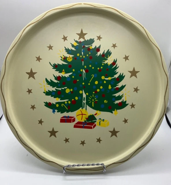 VINTAGE MCM NASHCO Christmas Tree Hand Painted Toleware Tin 11” Trays