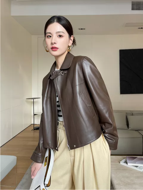 Genuine Leather Womens Short Jacket Sheep Skin Slimming Coats Motorcycle Outwear