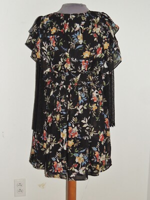 Kas New York Black Floral Print Georgette Dress SM NWT
