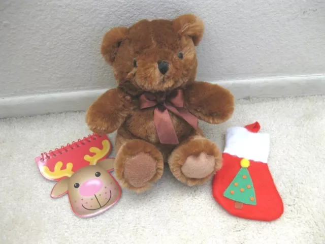 6" Plush Brown Bear With Spiral Notebook And Mini Holiday Stocking