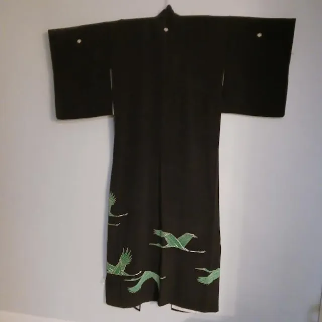Vintage Japanese Silk Kimono Tomesode, 6 Cranes Tsuru, 5 Family Crest Emblems