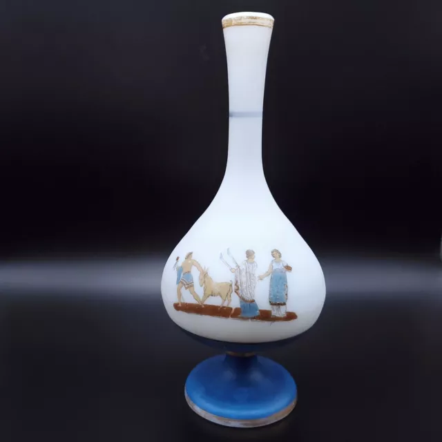 Antique Satin Milk Glass Bud Vase Footed Hand Painted w/ Greek Print Decor 8.5"T 3