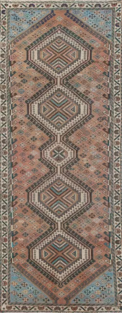 Vintage Tribal Bakhtiari Hand-knotted Geometric Wool Runner Rug 3' 6" x 9' 10"