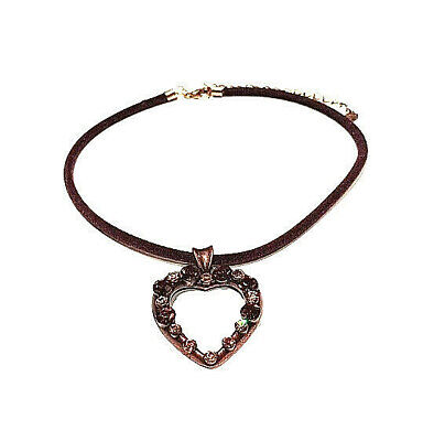 VINTAGE JEWELRY - 1970s Brown Crystal Heart Pendant Suede String Choker Necklace
