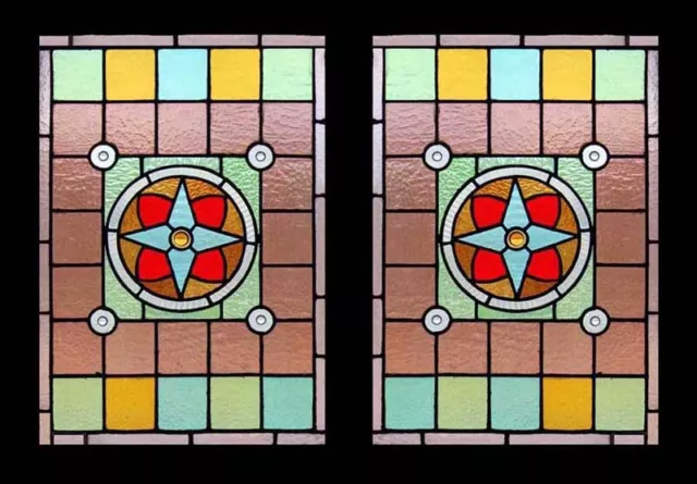 Spectacular English Rondels Pair Antique Victorian Stained Glass Windows