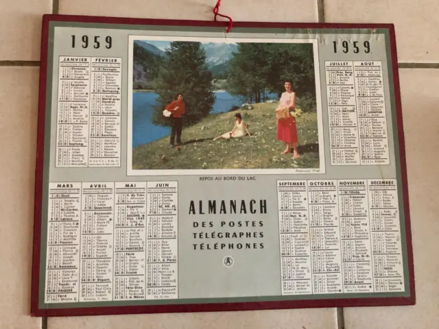 ancien calendrier almanach des PTT collection "repos au bord du lac  "  1959
