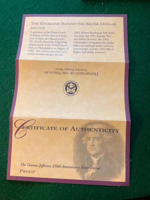 Thomas Jefferson 250th Anniversary Silver Dollar , OGP & COA -T26 3