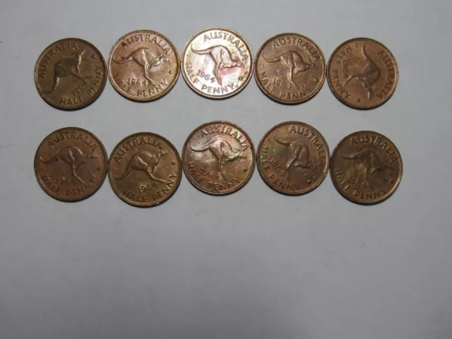 Lot of 10 Old Australia Coins - 1964 Half Penny Kangaroo - Circulated