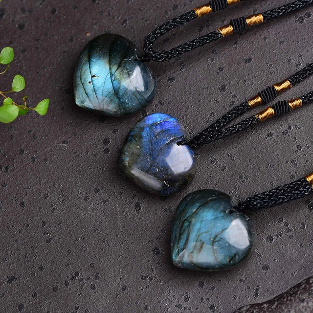 Natural Labradorite Moonstone Love Heart Pendant Healing Quartz Crystal Necklace 2