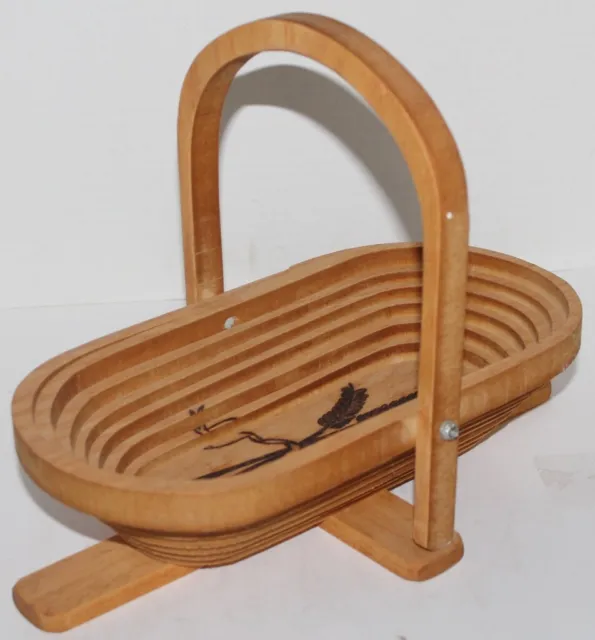 VTG Handmade Collapsible Folding Wood Rectangle Fruit Basket w/ Handle-Oval -EUC