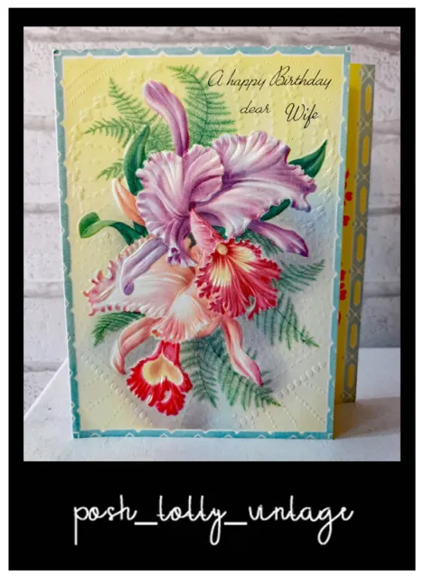 Vintage 1950's UNUSED Wife Lily Orchard Flowers Birthday Greeting Card EB2359