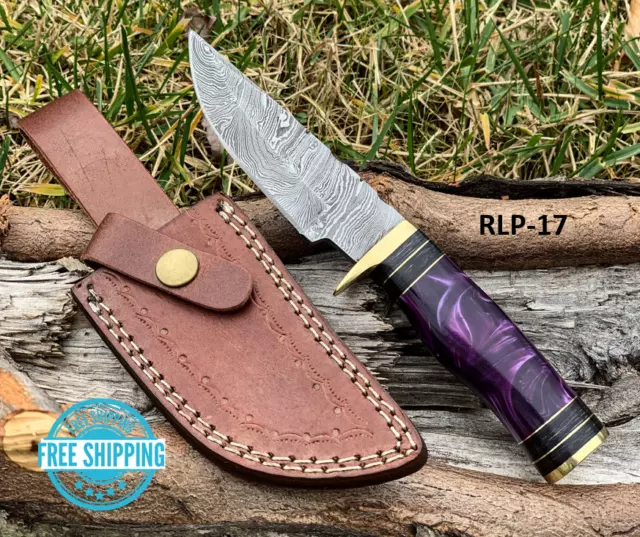 Custom Handmade DAMASCUS STEEL Knife Hunting Purple Resin & Brass Guard Handle