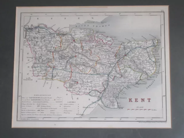 Original Antiquarian Framed Map of Kent c1845 - Dugdale - J Archer Gold 3