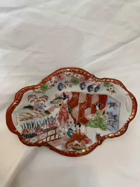 Kutani Geisha Tray Pin Dish Hand Painted Porcelain Japanese