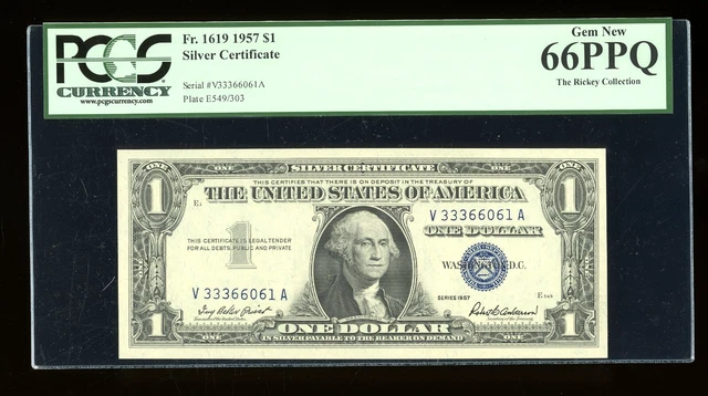DBR 1957 Silver Gem Fr. 1619 VA Block PCGS 66 PPQ Serial V33366061A