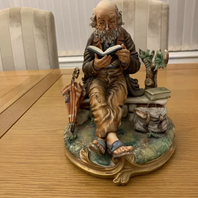 Capodimonte by Milio Figure Old Man With Glasses  Reading a Book on Bench MI108