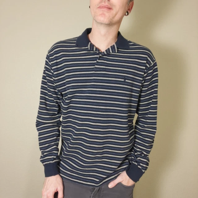 Vintage Polo Ralph Lauren Men's LG Blue/White Striped Long Sleeve Polo Shirt