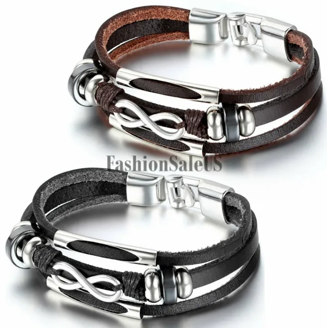 Mens Womens Love Infinity Symbol Leather Strap Bracelet Charm Unisex Cuff Bangle