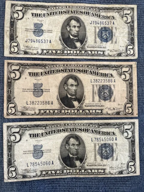 1934-A,B,C Silver Certificate 5 Dollars Blue Seal Banknotes Lot Of 3 Notes!!