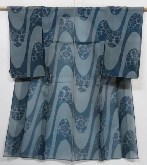 0609N05z260 Vintage Japanese Kimono Silk See through KOMON Blue-Gray Flower