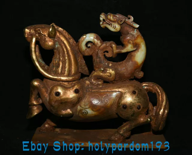 8" Collect Old China Hetian Jade Gilt Hand Carving Dragon Horse Statue Scilpture