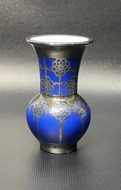 Vintage￼ Thomas Bavaria Porcelain Cobalt blue Silver Overlay Miniature Vase