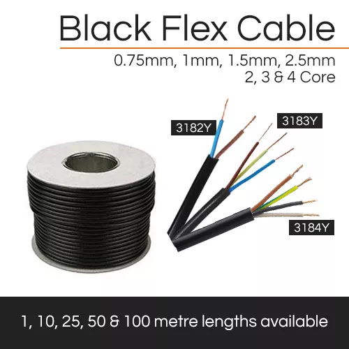 Black Flex Cable | 2, 3 & 4 Core | 0.75mm - 2.5mm | 1M 5M 10M 25M 50M 100M