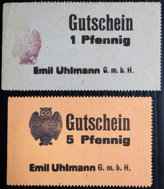 CHEMNITZ 1920 "Emil Uhlmann" 1+5 Pf Private Circulating Issue German Notgeld Owl