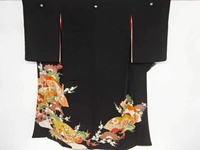 82937# Japanese Kimono / Antique Tomesode / Embroidery / Floral Plants & Jig