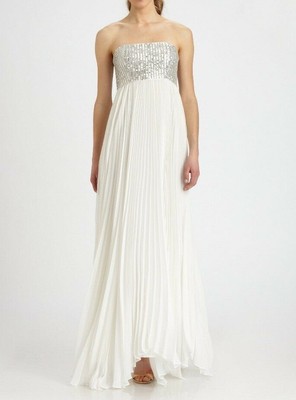 New! Alice and Olivia White Sequin Pleat Gown Maxi Dress , Size UK 16 ,With Tags