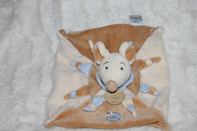 Doudou Et Compagnie Souris Plat Carre Beige Marron Bleu