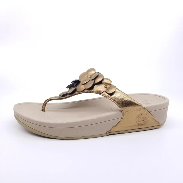 FitFlop Lulu Sandals Women's 10 Gold Wedge Thongs Flip-Flops Floral Flowers
