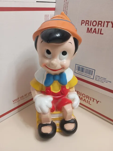 Walt Disney, Pinocchio, Play Pal Plastic Coin Piggy Bank, 11" Vintage With Plug