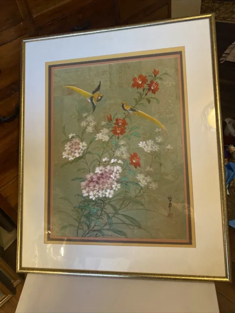 LARGE CHINESE ORIGINAL WATERCOLOR BIRDS And Flowers SIGNED Matted /Framed