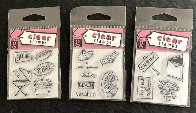Studio G Clear Cling Acrylic Ink Stamp Lot 3 Beach Vacation Camping Grilling BBQ