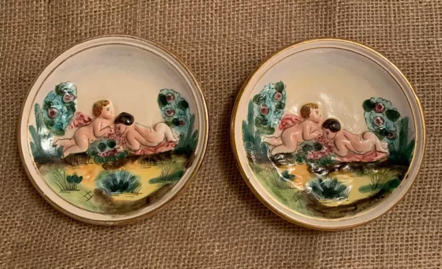 Vintage Hand Painted Italian Majolica 4-3/4" Round Plates Cherubs - Set 2