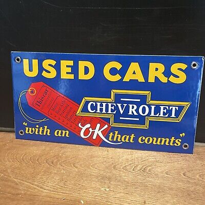 Vintage Style ''Chevrolet'' Ok Used Cars Gas & Oil Porcelain Sign 12X9 Inch
