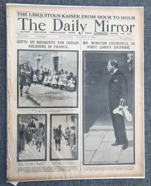 Daily Mirror Ww1 Winston Churchill 7Th October 1914 Original Newspaper