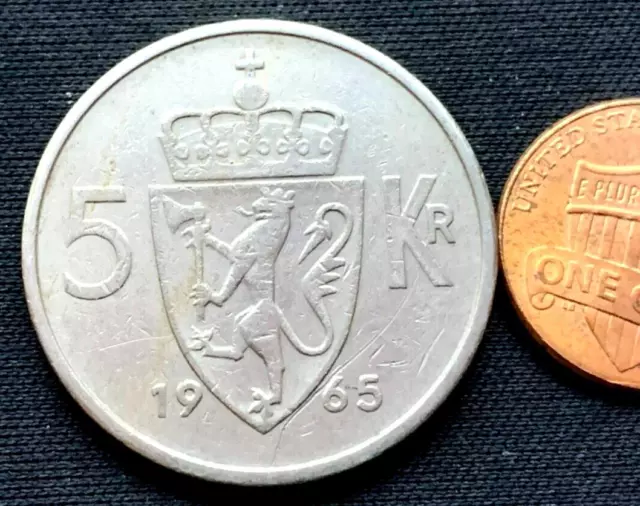 1965 Norway 5 Krone Coin XF AU  ( 2 Million Minted )     #K2134