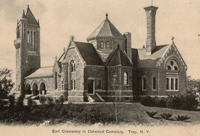 c 1905 Earl CREMATORY in Oakwood Cemetery, Troy NY, Vintage Postcard Crematorium