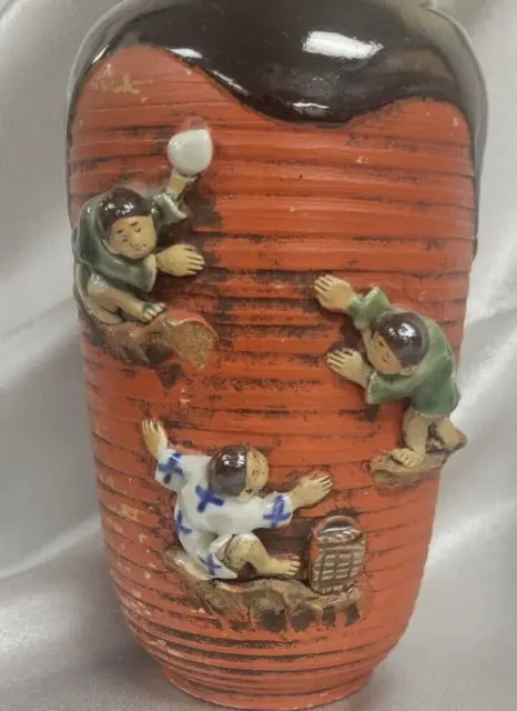 Antique Meiji Japanese Sumida Gawa Vase 3 Children Not Signed 2