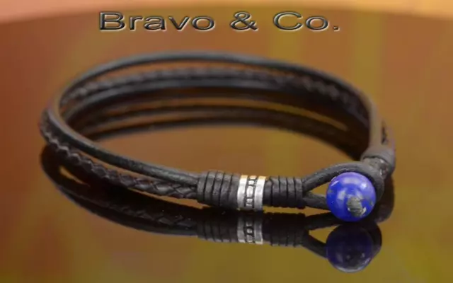 Sterling Silver Genuine Leather Lapis Lazuli Surf Wristband Men Bracelet 1B-008